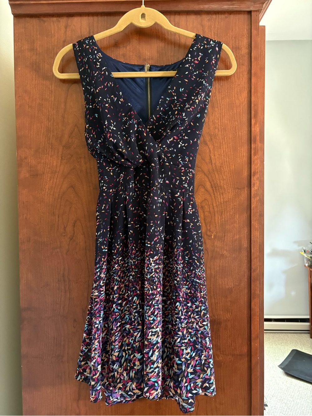 Navy Floral Midi Dress with V-Neck Twist Front